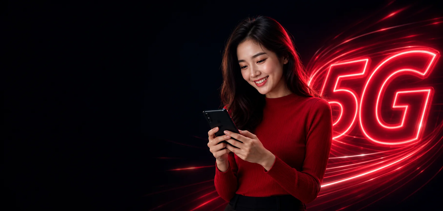 ผู้หญิงกำลังเลือกโปรทรูบนโทรศัพท์ พร้อมแสง 5G สีแดง